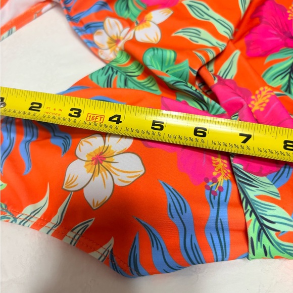 bright orange floral print halter tankini swim top with adjustable side ruching. - Picture 4 of 9